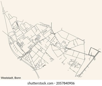 Detailed navigation urban street roads map on vintage beige background of the quarter Weststadt sub-district of the German capital city of Bonn, Germany