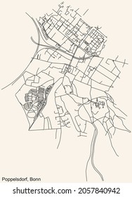 Detailed navigation urban street roads map on vintage beige background of the quarter Poppelsdorf sub-district of the German capital city of Bonn, Germany