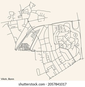 Detailed navigation urban street roads map on vintage beige background of the quarter Vilich sub-district of the German capital city of Bonn, Germany