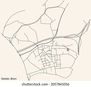 Detailed navigation urban street roads map on vintage beige background of the quarter Geislar sub-district of the German capital city of Bonn, Germany