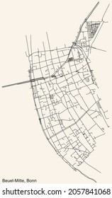 Detailed navigation urban street roads map on vintage beige background of the quarter Beuel-Mitte sub-district of the German capital city of Bonn, Germany