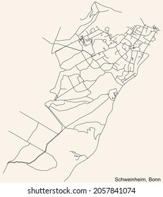 Detailed navigation urban street roads map on vintage beige background of the quarter Schweinheim sub-district of the German capital city of Bonn, Germany