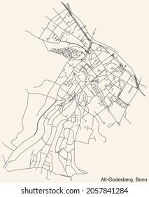 Detailed navigation urban street roads map on vintage beige background of the quarter Alt-Godesberg sub-district of the German capital city of Bonn, Germany