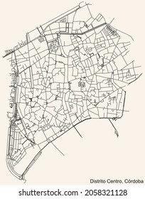 Detailed navigation urban street roads map on vintage beige background of the quarter Centro district of the Spanish regional capital city of Cordoba, Spain