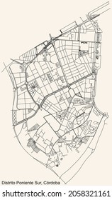 Detailed navigation urban street roads map on vintage beige background of the quarter Poniente-Sur district of the Spanish regional capital city of Cordoba, Spain