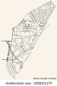 Detailed navigation urban street roads map on vintage beige background of the quarter Sureste district of the Spanish regional capital city of Cordoba, Spain