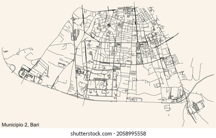 Detailed navigation urban street roads map on vintage beige background of the quarter Second 2nd municipality (Municipio 2) of the Italian regional capital city of Bari, Italy