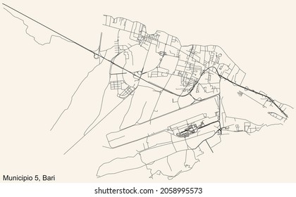 Detailed navigation urban street roads map on vintage beige background of the quarter Fifth 5th municipality (Municipio 5) of the Italian regional capital city of Bari, Italy