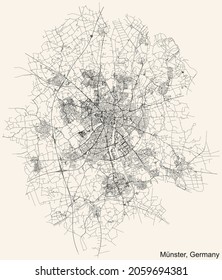 Detailed navigation urban street roads map on vintage beige background of the German regional capital city of Münster-Muenster, Germany