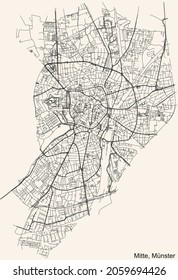 Detailed Navigation Urban Street Roads Map On Vintage Beige Background Of The Quarter Mitte District Of The German Regional Capital City Of Münster-Muenster, Germany