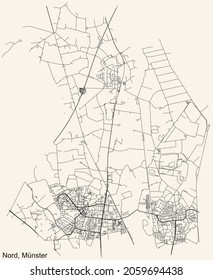 Detailed Navigation Urban Street Roads Map On Vintage Beige Background Of The Quarter Nord District Of The German Regional Capital City Of Münster-Muenster, Germany