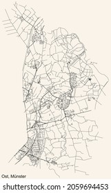 Detailed Navigation Urban Street Roads Map On Vintage Beige Background Of The Quarter Ost District Of The German Regional Capital City Of Münster-Muenster, Germany