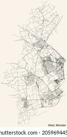 Detailed Navigation Urban Street Roads Map On Vintage Beige Background Of The Quarter West District Of The German Regional Capital City Of Münster-Muenster, Germany