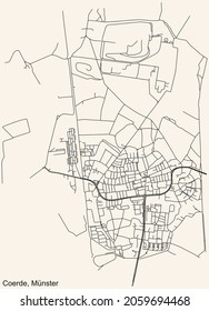 Detailed navigation urban street roads map on vintage beige background of the quarter Coerde district of the German capital city of Münster-Muenster, Germany