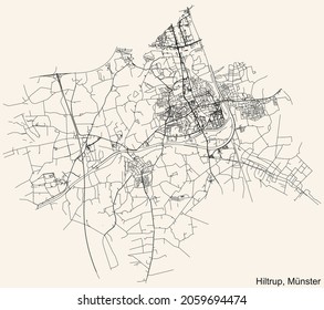 Detailed Navigation Urban Street Roads Map On Vintage Beige Background Of The Quarter Hiltrup District Of The German Regional Capital City Of Münster-Muenster, Germany