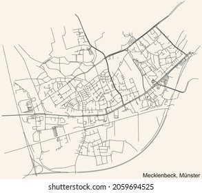 Detailed navigation urban street roads map on vintage beige background of the quarter Mecklenbeck district of the German capital city of Münster-Muenster, Germany
