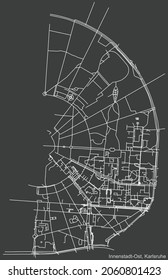 Detailed navigation urban street roads map on vintage beige background of the quarter Innenstadt-Ost district of the German regional capital city of Karlsruhe, Germany