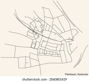 Detailed navigation urban street roads map on vintage beige background of the quarter Palmbach district of the German regional capital city of Karlsruhe, Germany