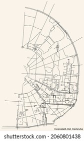 Detailed navigation urban street roads map on vintage beige background of the quarter Innenstadt-Ost district of the German regional capital city of Karlsruhe, Germany