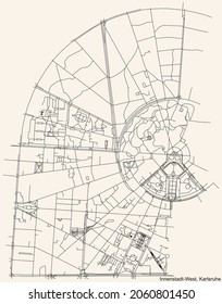 Detailed navigation urban street roads map on vintage beige background of the quarter Innenstadt-West district of the German regional capital city of Karlsruhe, Germany