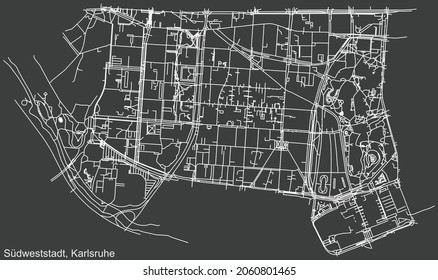 Detailed navigation urban street roads map on vintage beige background of the quarter Südweststadt district of the German regional capital city of Karlsruhe, Germany