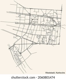 Detailed navigation urban street roads map on vintage beige background of the quarter Weststadt district of the German regional capital city of Karlsruhe, Germany