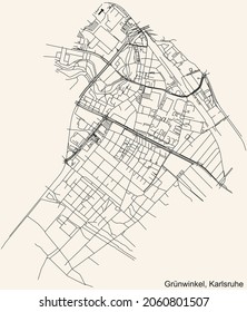 Detailed navigation urban street roads map on vintage beige background of the quarter Grünwinkel district of the German regional capital city of Karlsruhe, Germany