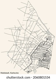 Detailed navigation urban street roads map on vintage beige background of the quarter Waldstadt district of the German regional capital city of Karlsruhe, Germany