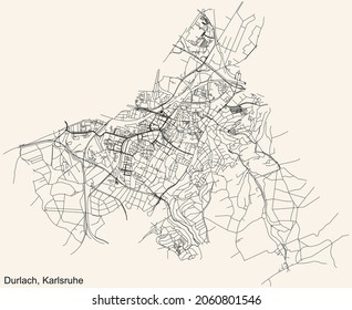 Detailed navigation urban street roads map on vintage beige background of the quarter Durlach district of the German regional capital city of Karlsruhe, Germany