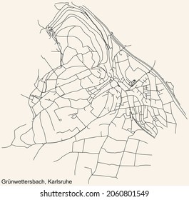 Detailed navigation urban street roads map on vintage beige background of the quarter Grünwettersbach district of the German regional capital city of Karlsruhe, Germany