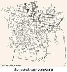 Detailed navigation urban street roads map on vintage beige background of the quarter Centro storico district of the Italian regional capital city of Catania, Italy