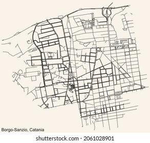 Detailed navigation urban street roads map on vintage beige background of the quarter Borgo-Sanzio district of the Italian regional capital city of Catania, Italy