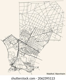 Detailed navigation urban street roads map on vintage beige background of the quarter Waldhof district of the German regional capital city of Mannheim, Germany