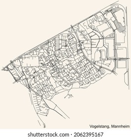 Detailed navigation urban street roads map on vintage beige background of the quarter Vogelstang district of the German regional capital city of Mannheim, Germany