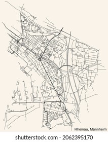 Detailed navigation urban street roads map on vintage beige background of the quarter Rheinau district of the German regional capital city of Mannheim, Germany