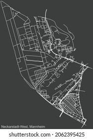 Detailed navigation urban street roads map on vintage beige background of the quarter Neckarstadt-West district of the German regional capital city of Mannheim, Germany
