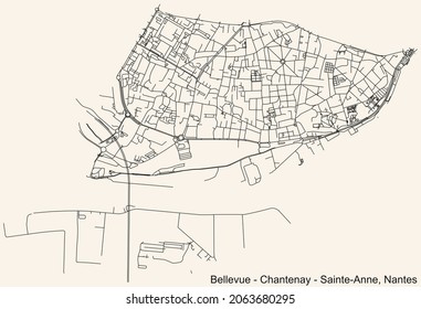 Detailed navigation urban street roads map on vintage beige background of the Quartier Bellevue - Chantenay - Sainte-Anne district of the French capital city of Nantes, France