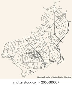 Detailed navigation urban street roads map on vintage beige background of the Quartier Hauts-Pavés - Saint-Félix district of the French capital city of Nantes, France