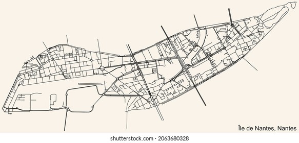 Detailed navigation urban street roads map on vintage beige background of the Quartier Île de Nantes district of the French capital city of Nantes, France