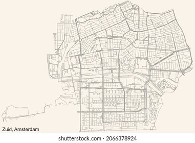 Detailed navigation urban street roads map on vintage beige background of the quarter Zuid (South) district of the Dutch capital city of Amsterdam, Netherlands