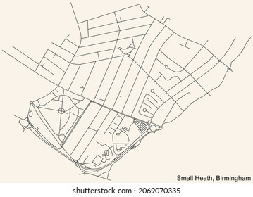 Detailed navigation urban street roads map on vintage beige background of the quarter Small Heath neighborhood of the English regional capital city of Birmingham, United Kingdom