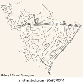 Detailed navigation urban street roads map on vintage beige background of the quarter Rubery and Rednal neighborhood of the English regional capital city of Birmingham, United Kingdom