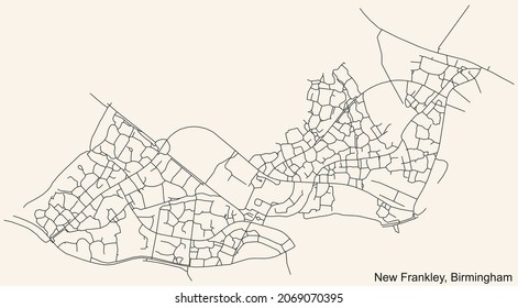 Detailed navigation urban street roads map on vintage beige background of the quarter New Frankley neighborhood of the English regional capital city of Birmingham, United Kingdom