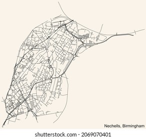 Detailed navigation urban street roads map on vintage beige background of the quarter Nechells neighborhood of the English regional capital city of Birmingham, United Kingdom