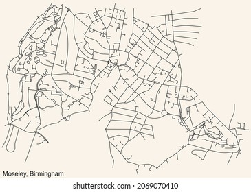 Detailed Navigation Urban Street Roads Map On Vintage Beige Background Of The Quarter Moseley Neighborhood Of The English Regional Capital City Of Birmingham, United Kingdom