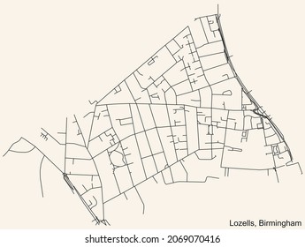 Detailed navigation urban street roads map on vintage beige background of the quarter Lozells neighborhood of the English regional capital city of Birmingham, United Kingdom