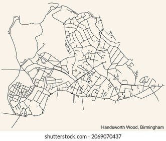 Detailed navigation urban street roads map on vintage beige background of the quarter Handsworth Wood neighborhood of the English regional capital city of Birmingham, United Kingdom