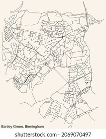 Detailed navigation urban street roads map on vintage beige background of the quarter Bartley Green neighborhood of the English regional capital city of Birmingham, United Kingdom