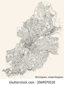 Detailed Navigation Urban Street Roads Map On Vintage Beige Background Of The English Regional Capital City Of Birmingham, United Kingdom