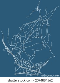 Detailed navigation urban street roads map on blue technical drawing background of the quarter Tongwynlais electoral ward of the Welsh capital city of Cardiff, United Kingdom